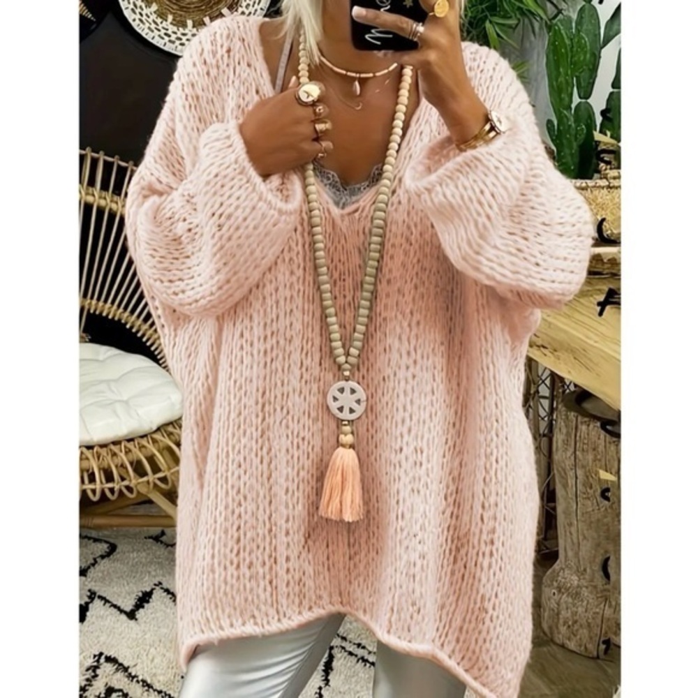 Oversized Cable Knit Sweater Pink 5X (fits 2X & up).